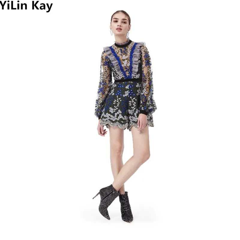 

NEW 2019 European jumpsuit rompers womens jumpsuit brand women mesh embroidery jumpsuit loose Runway self portrait jumpsuits