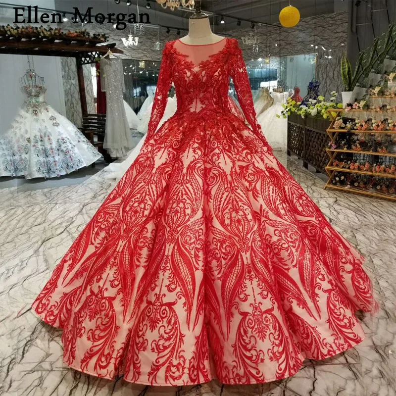 

Red Lace Ball Gowns Wedding Dresses with Long Sleeves 2019 Vestido De Noiva 3D Flowers Pearls Vintage Princess Bridal Gowns