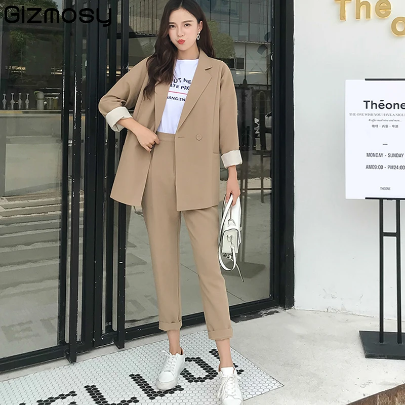 

Gizmosy Casual Solid Women Pant Suits Notched Collar Blazer Jacket & Pencil Pant Khaki Female Suit Autumn 2019 High Quality