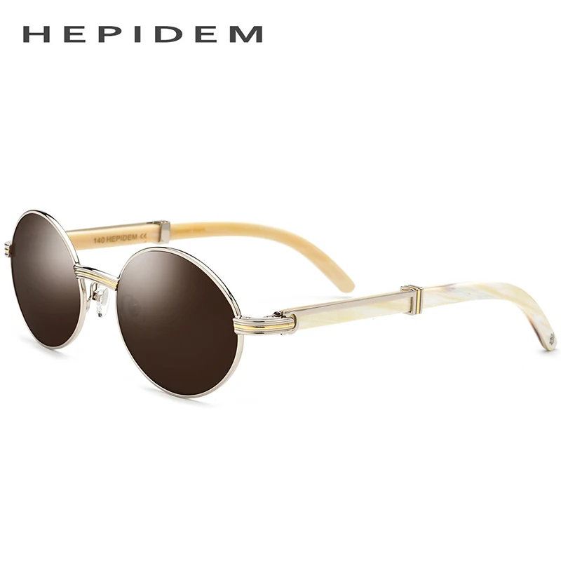 Очки кадр высокое качество Для мужчин Круглые Солнцезащитные очки Роскошные роскошный овальные очки с дужками из рога буйвола - Цвет линз: Gold Tea