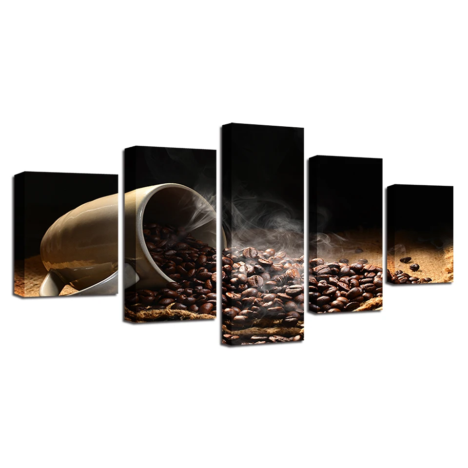 Canvas Pictures Home Decor HD Prints Posters 5 Pieces Coffee Beans Cup Paintings Kitchen Cafe Wall Art Modular Framework | Дом и сад