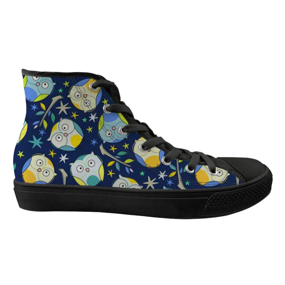 

Customized 2019 Spring Summer Cartoon Owl Printed Man's Vulcanize High Top Canvas Shoes Lace Up Breathable Flats Shoes for Men