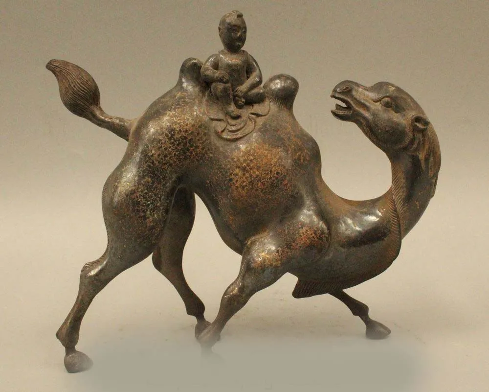 

DS 6" Chinese Folk Feng Shui Pure Bronze llama camel ship of the desert Boy Statue