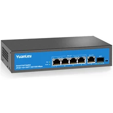 Yuanley 4 Порты и разъёмы гигабитный коммутатор питания через Ethernet, 1 Uplink порт Gigabit Ethernet и 1 для программирования в производственных условиях Порты и разъёмы, PoE плюс 802.3af/at, 78 Вт Встроенный Мощность, без вентилятора