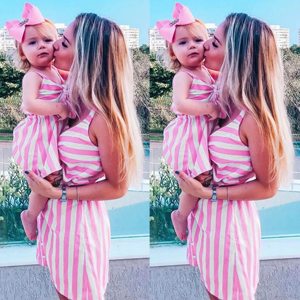 

mommy and me dresses Lady Sleeveless Striped Print Bowknot Dress Family Clothes sisters matching outfits mother daughter clothes
