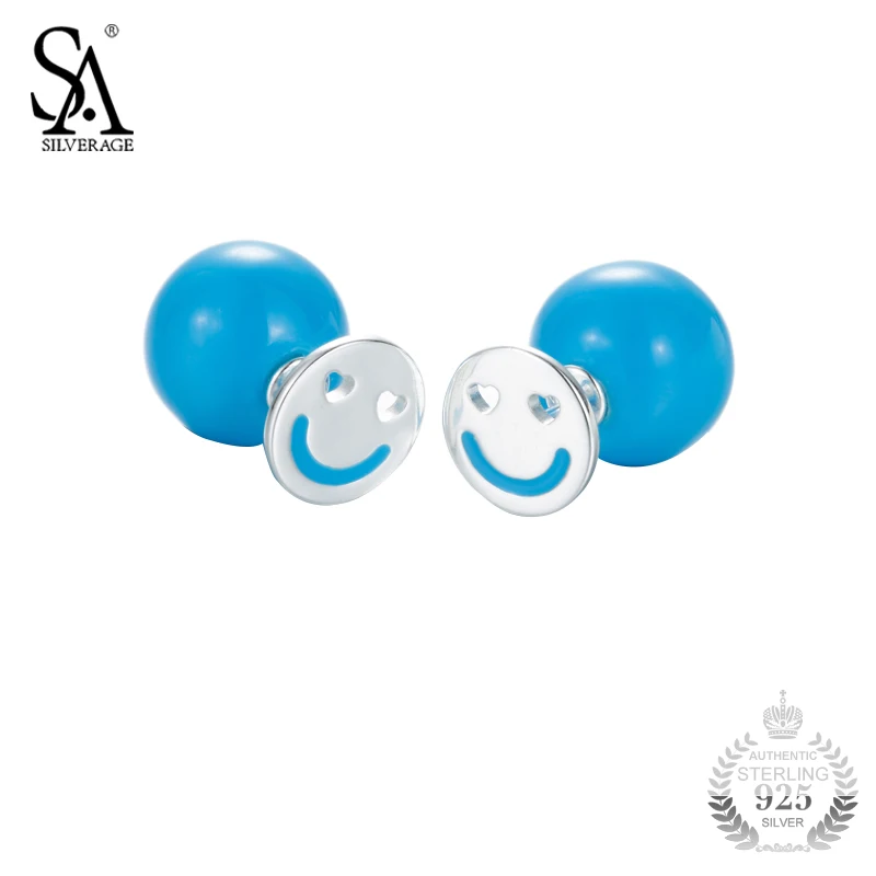 

SA SILVERAGE Silver Ball Earring Smile Stud Earrings For Women Genuine 925 Sterling Silver Jewelry For Women Gift