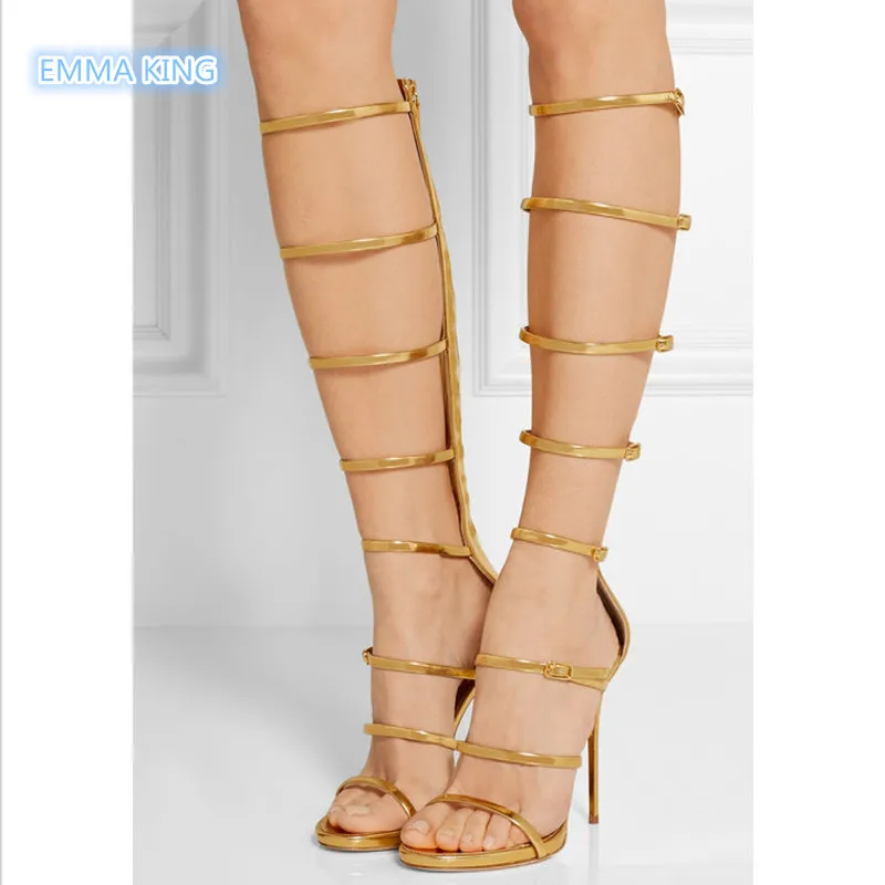 

Summer Belt Buckle Straps Sexy gladiator Sandals Women Stiletto High Heels Fashion Ladies Shoes Back Zipper Hollow Long Boots