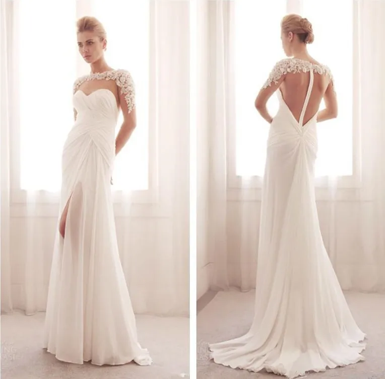 172 Eleagnt Beach 2015 Summer Wedding Dress Appliques A-Line Illusion Bateau Zipper Back Sheer Long Sleeve Split Side Sweep Train Bridal Gown (5)