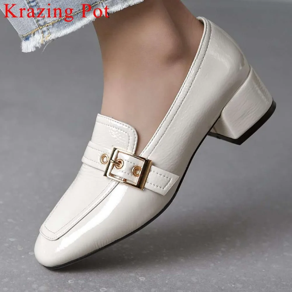 

Krazing Pot British style metal buckle belt chunky med heels slip on vintage square toe handmade lazy woman vocation pumps L22