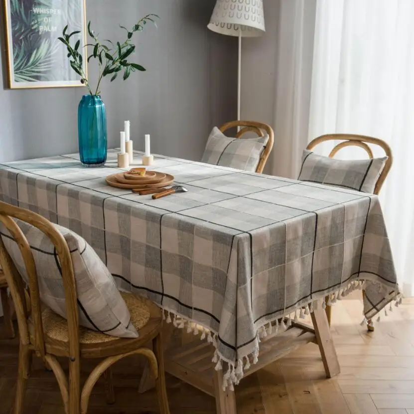 American Style Vintage Plaid Tablecloth Gray Embroidered Tassel Table