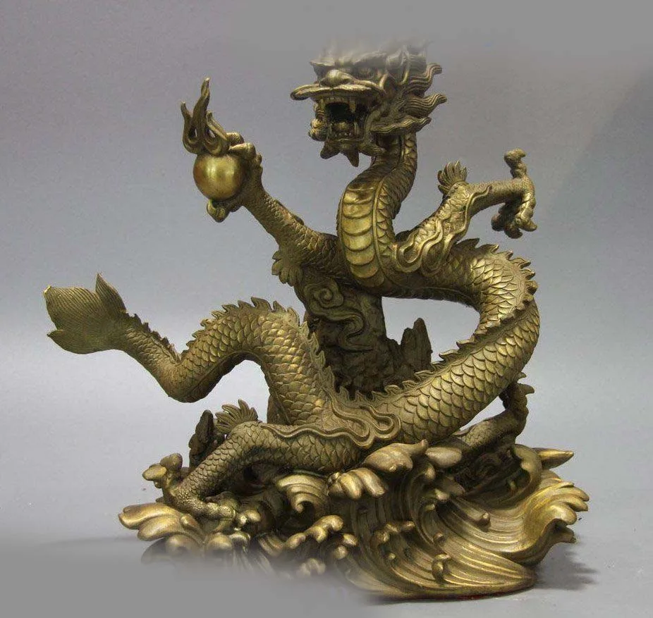 

13" China brass fine sculpture carved water mythical creatures dragon Statue