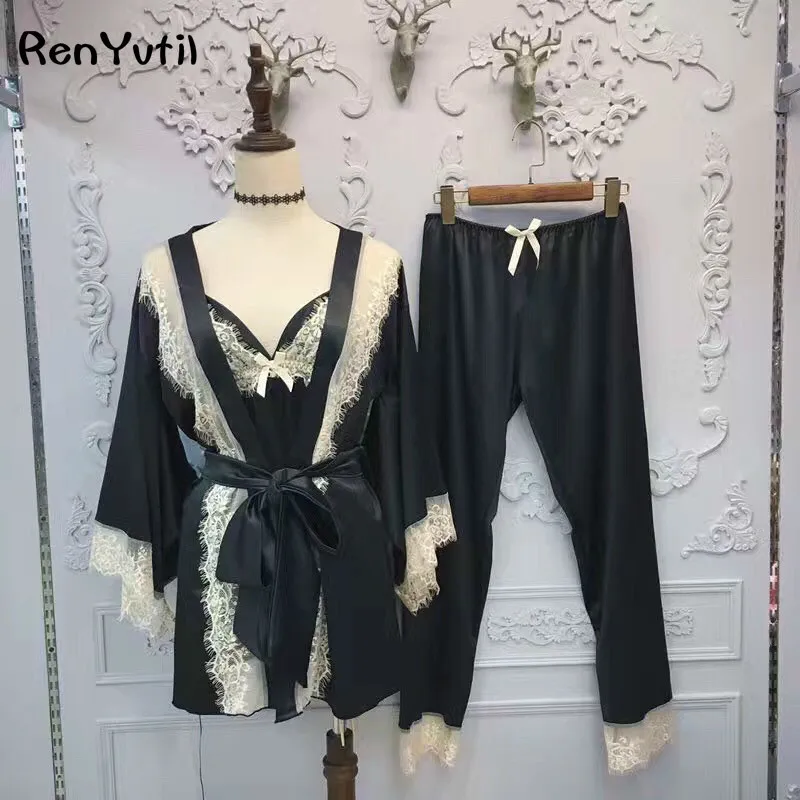 RenYvtil High end Spring Summer Women's Silk Satin Lace Stitching