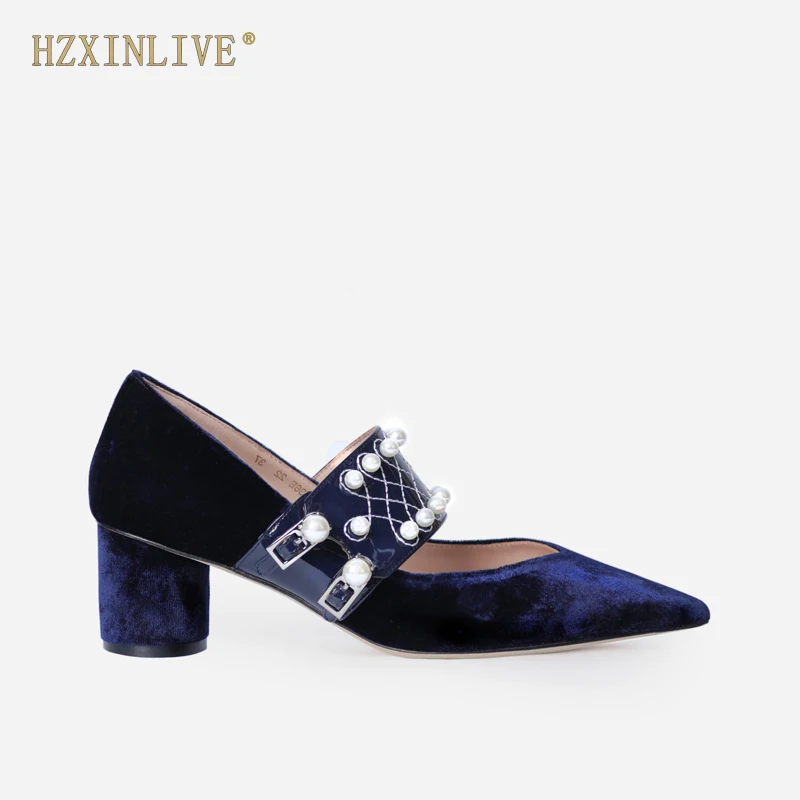 HZXINLIVE/Роскошные туфли Mary Jane на среднем каблуке с жемчугом; модная бархатная обувь; женские пикантные туфли-лодочки на не сужающемся книзу высоком массивном каблуке; женская обувь для вечеринок