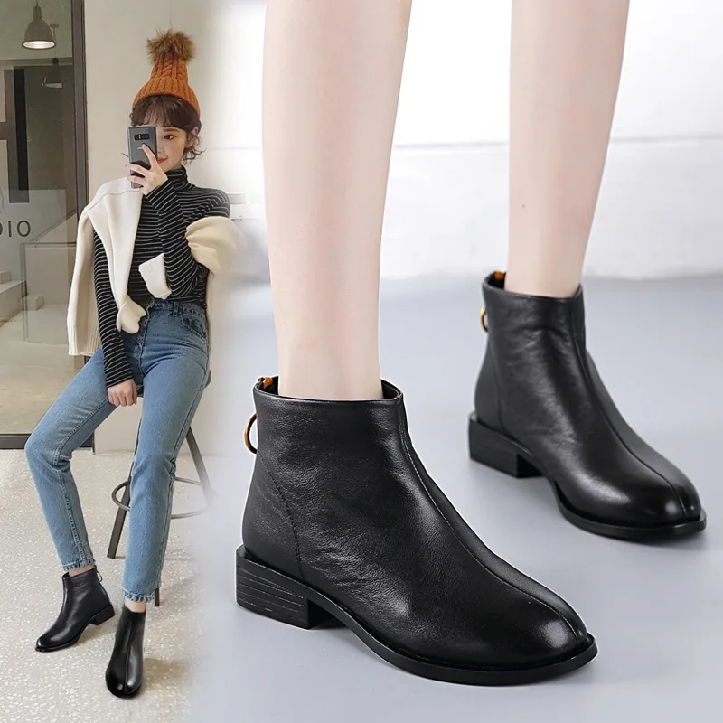 

New Autumn Winter Square Heels Short Boots Genuine Leather Shoes Back Zipper Women Ankle Boots Size 35-40 For Femal