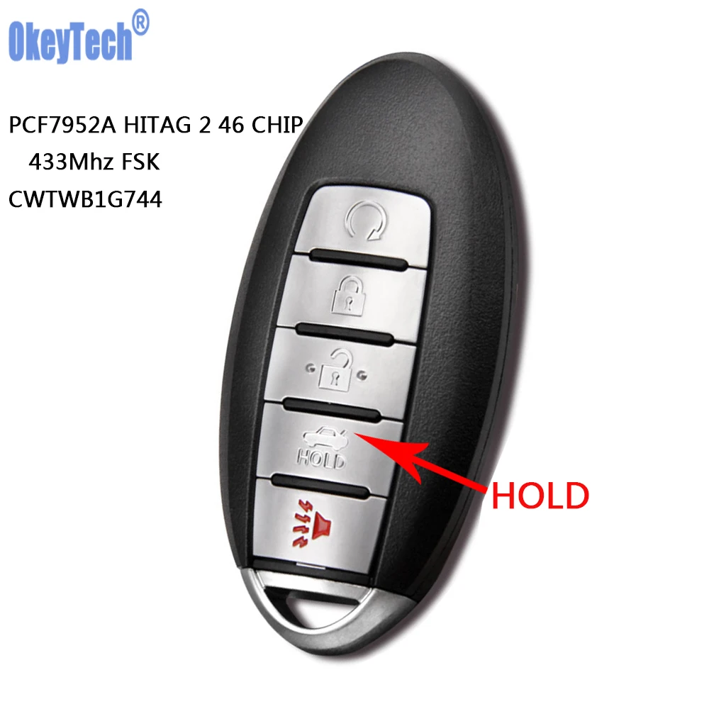 

OkeyTech For Nissan Patrol Armada 2017 Smart Remote Car Key 5 Buttons 433MHz With PCF7952A HITAG 2 46 CHIP CWTWB1G744 No LOGO