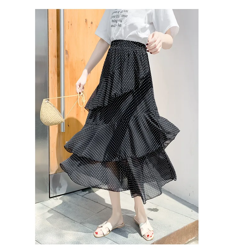 Summer New Super Fairy Skirt High Waist Wave Point Irregular Lotus Leaf Side Half Skirt Cake Causal Midi Party Long Skirt