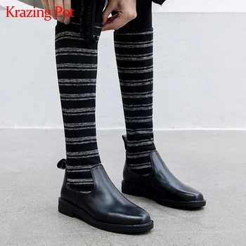 

krazing pot round toe cow leather stripe patterns thin leg knitting warm plus size thick low heels stretch thigh high boots l23