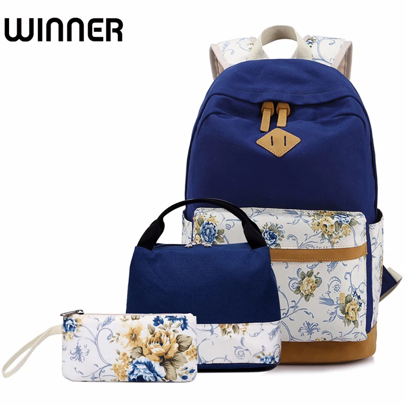 3 teile satz Frauen Rucksäcke Floral Leinwand Druck Rucksack Schul Teenager Mädchen Rucksack für Mittagessen Box Preise