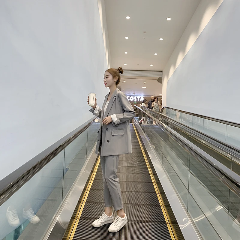 Women Clothes Suit Female Spring and Autumn Solid Color Two-piece Gray Temperament Korean Casual Small Jacket Women Suit - Цвет: 1