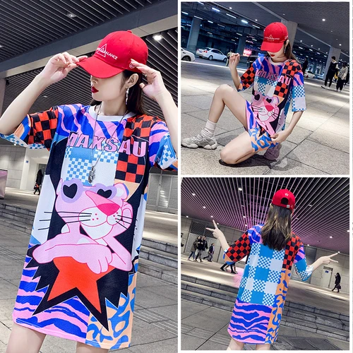 

2019 Free Shipping New Spring Summer Pink Panther Printed Mesh Thai Quick Ice Silk Women Work Wear Clothes Fashion Dress