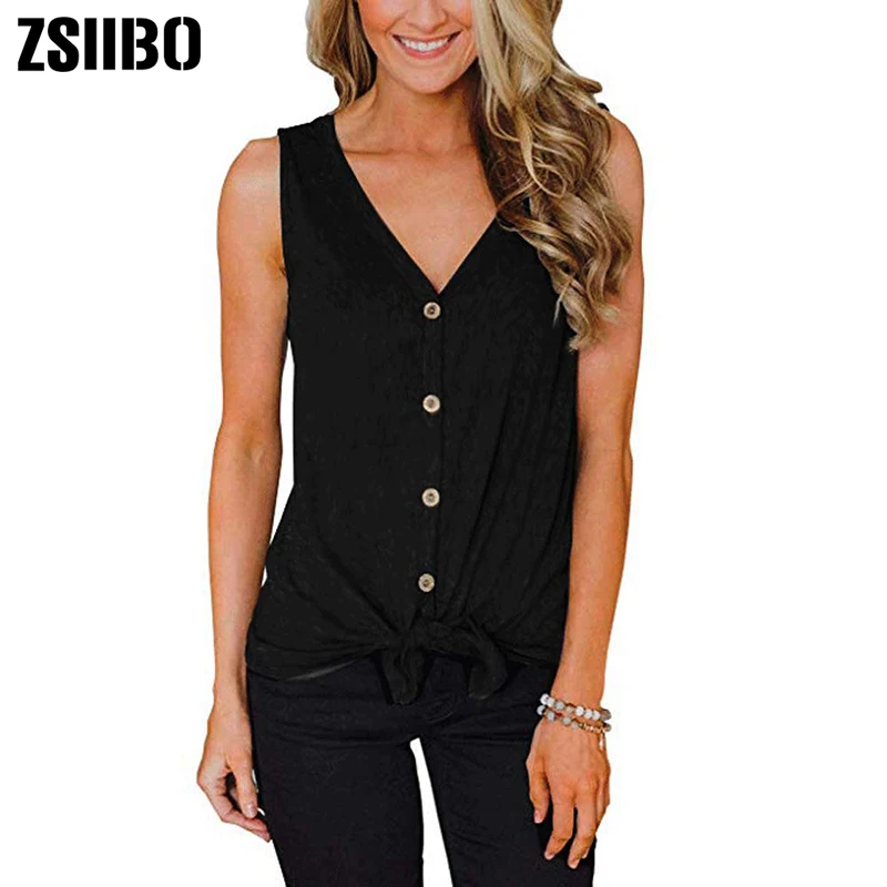 

ZSIIBO Women's V Neck Front Tie Knot Button Up Tops Casual Sleeveless Shirts Loose Vests
