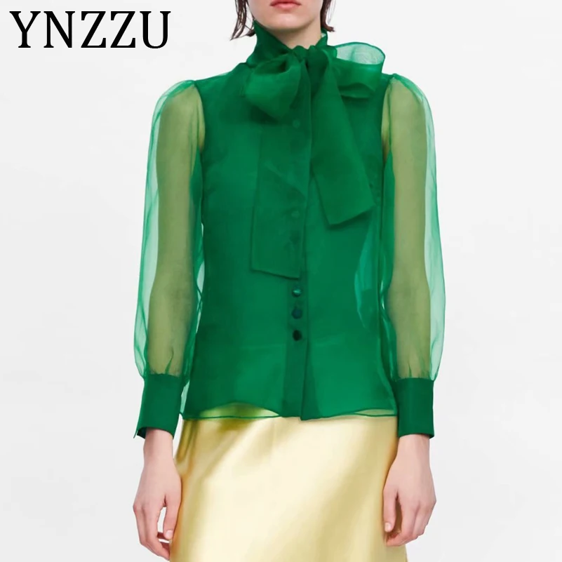 YNZZU, элегантная зеленая блуза из органзы, для женщин,, осень, бант, воротник, длинный рукав, свободные, для женщин, s, топы и блузки, женские блузки, AT269