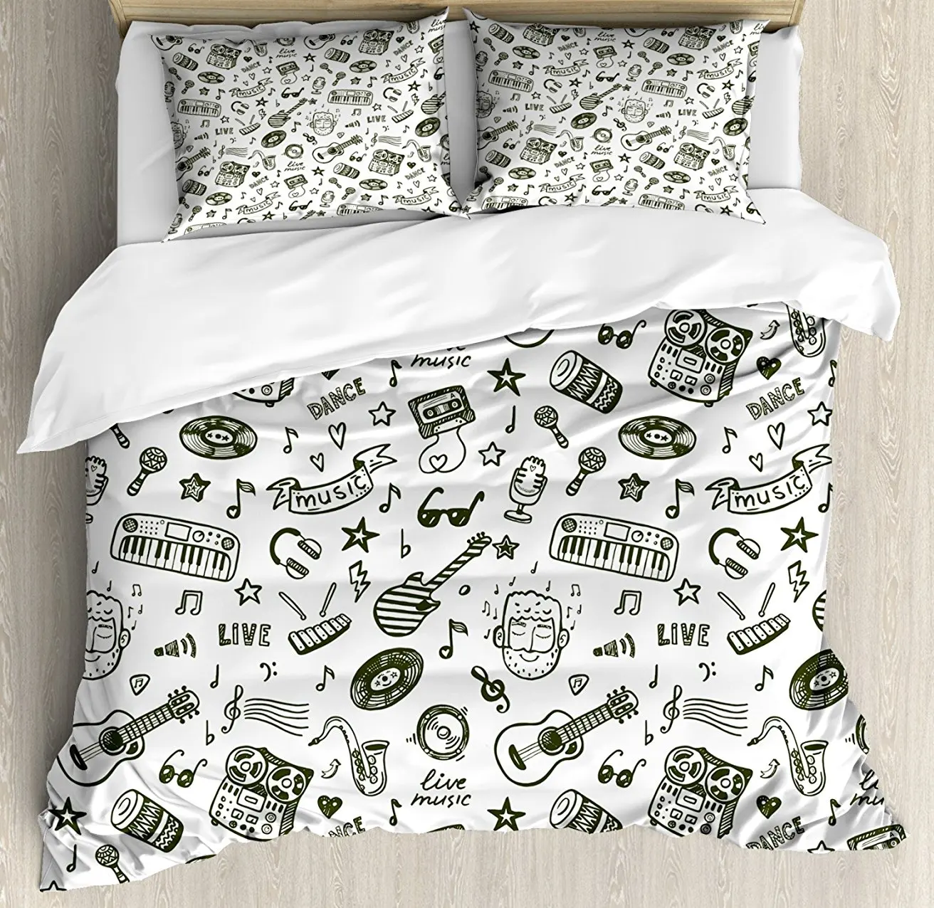 

Doodle Duvet Cover Set Hand Drawn Music Collection of Item Bearded Musician Guitar Recorder Mic Decorative 4 Piece Bedding Set