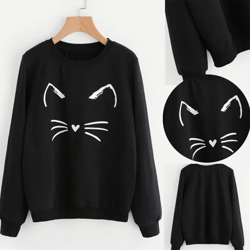 Autumn Winter Women Casual Cute Cat Print Black Pullover Hoodie Sweatshirt Ladies Fashion Cotton Long Sleeve Tops Coat 2018