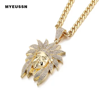 

Hip Hop Jewelry Indian Chief Head Pendant Paved Bling Zircon Gold color Charm Neckalce Men Jewelry Titanium Necklaces Jewelry