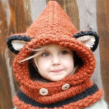 New 2015 Toddler Baby Girls Hat Winter Warm Neck Wrap Fox Scarf Caps Cute Hooded Scarf Earflap Knitted Caps Hotsale