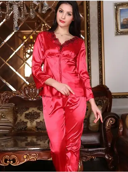 Парные пижамы для мужчин и женщин, сексуальные атласные шелковые пижамные штаны, наборы, Китайская красная пижама с длинными рукавами, комплекты для отдыха, одежда для сна для влюбленных - Цвет: Women style