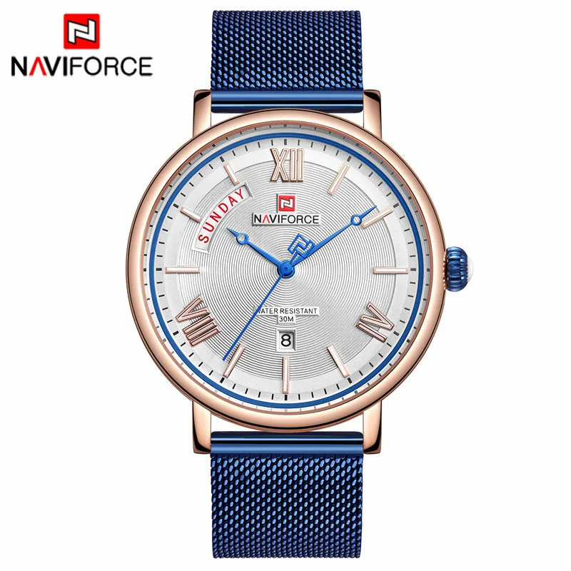 NAVIFORCE часы мужские модные деловые часы мужские повседневные водонепроницаемые кварцевые наручные часы синие стальные сетчатые часы Relogio Masculino