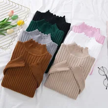 New 2016 Knitted Turtleneck Sweater Fashion Women Autumn High Stretch Striped Pullover Long Sleeve Sweater Women Pull Femme W865