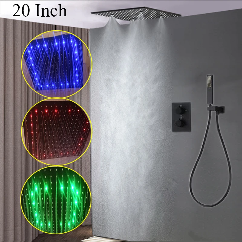 

Black LED Shower Head Set Rainfall Mist 50*50 cm Shower Panel 304 Stainless Steel thermostatic Mixer Faucets Saving Water 2 Ways