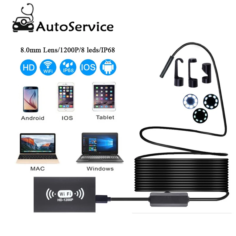 

8mm Mini WIFI Endoscope Waterproof industrial Camera 1200P Inspection Borescope For Android/IOS/Windows/Vista/MacOS
