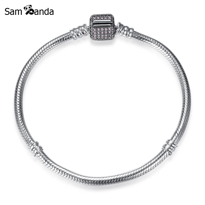 Authentic 925 Sterling Silver With Full Pink Crystal 16CM-22CM Snake Chain Bracelets Fit Pan Women Charms Bead DIY Jewelry