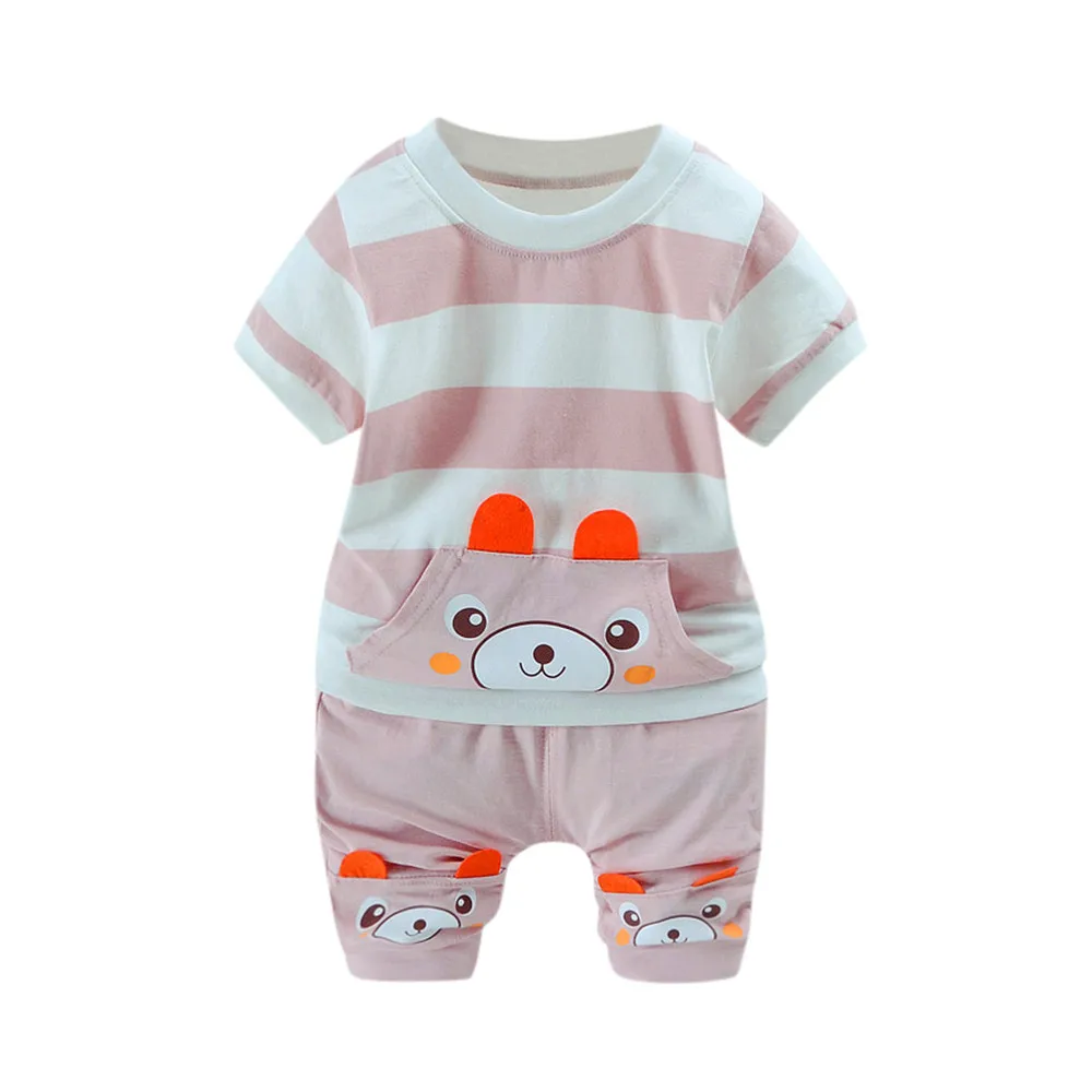 Unisex Summer Fashion 2Pcs Infant Baby Boys Girls Bear Striped T-Shirt Tops+Shorts Clothes Set Outfits - Цвет: pink