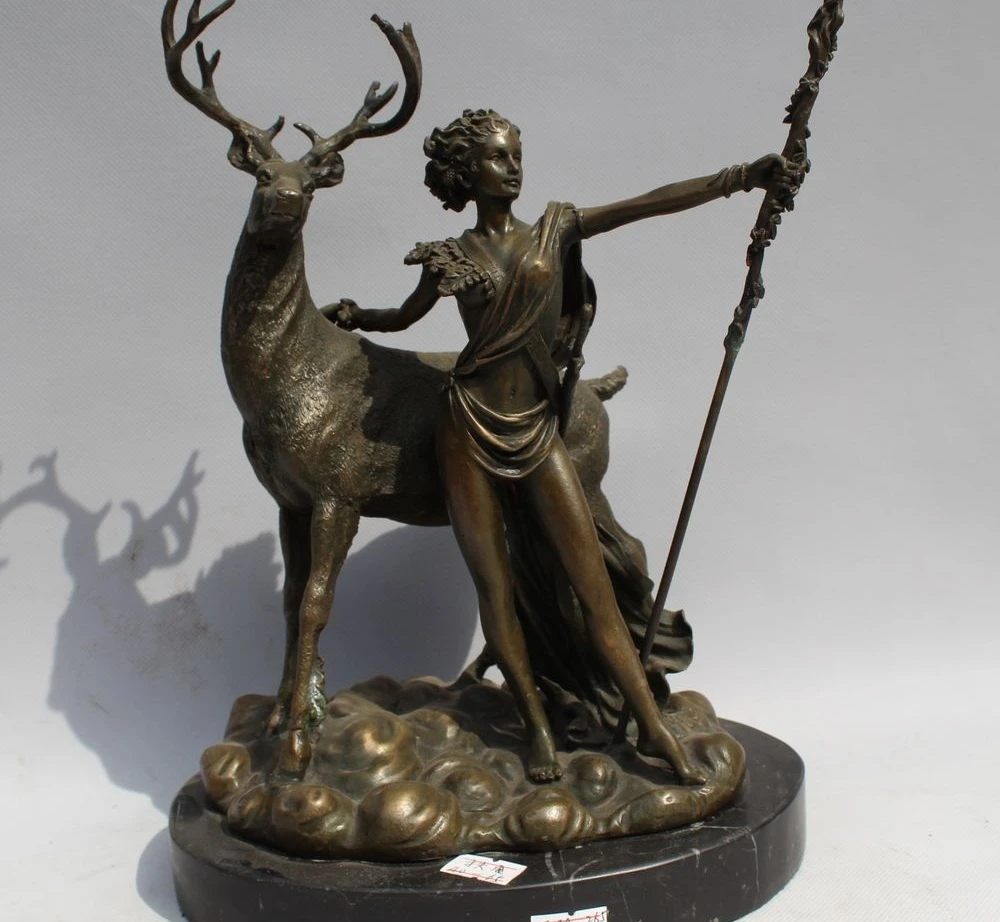 

11"Western Art sculpture Bronze Marble Deer Bell Women Huntsman Statue