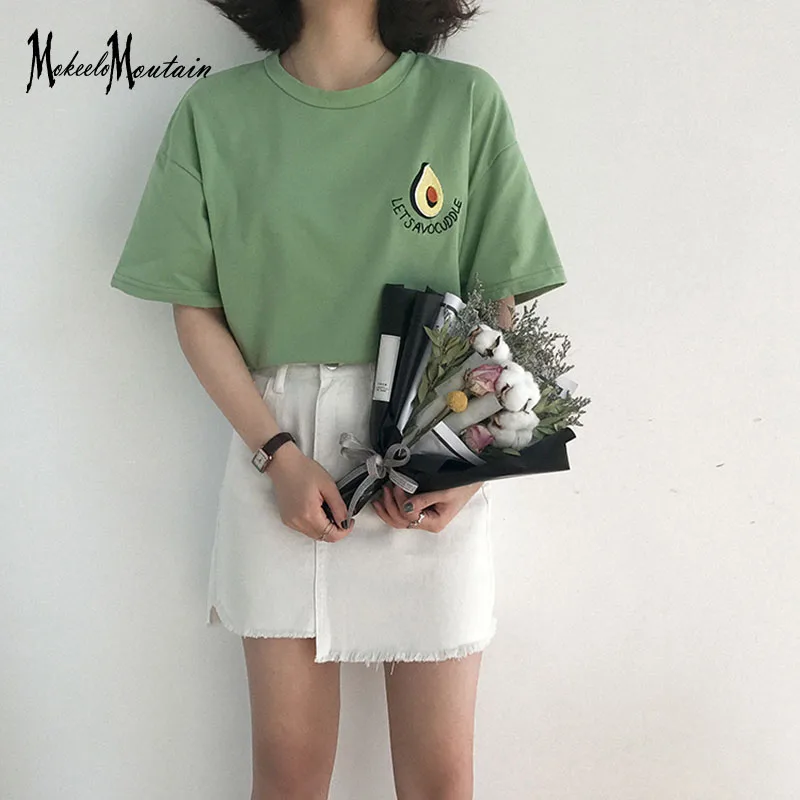 

Harajuku Lolita Avocado Embroidery Summer Tops Tees Women Tshirt Korean Fashion Green White Loose Top T Shirt Clothes A34