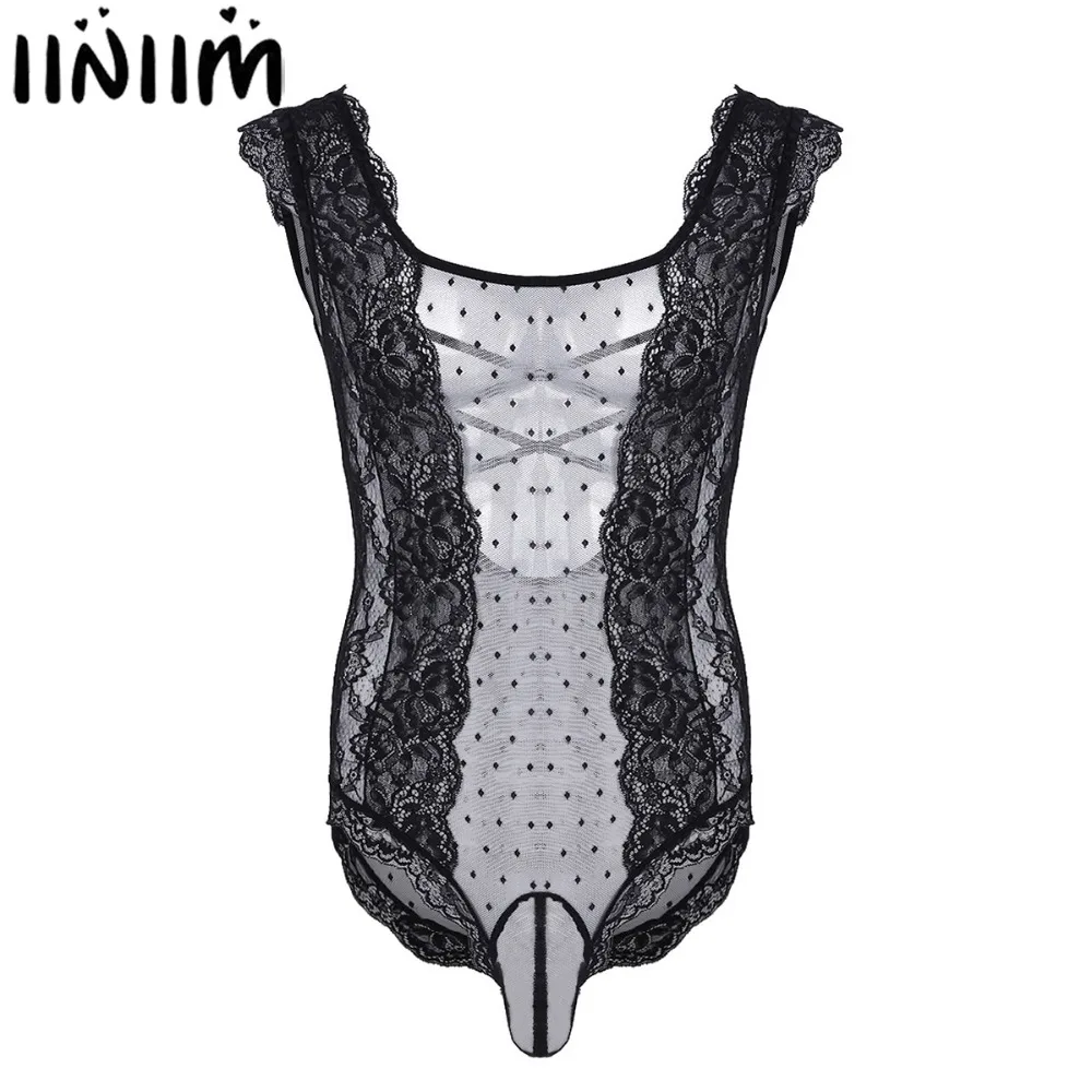 

Black Sexy Gay Mens Bodystocking Crossdress Floral Lace Polka Dots See Through Mesh Sissy Pouch Bodysuit Male Lingerie Nightwear