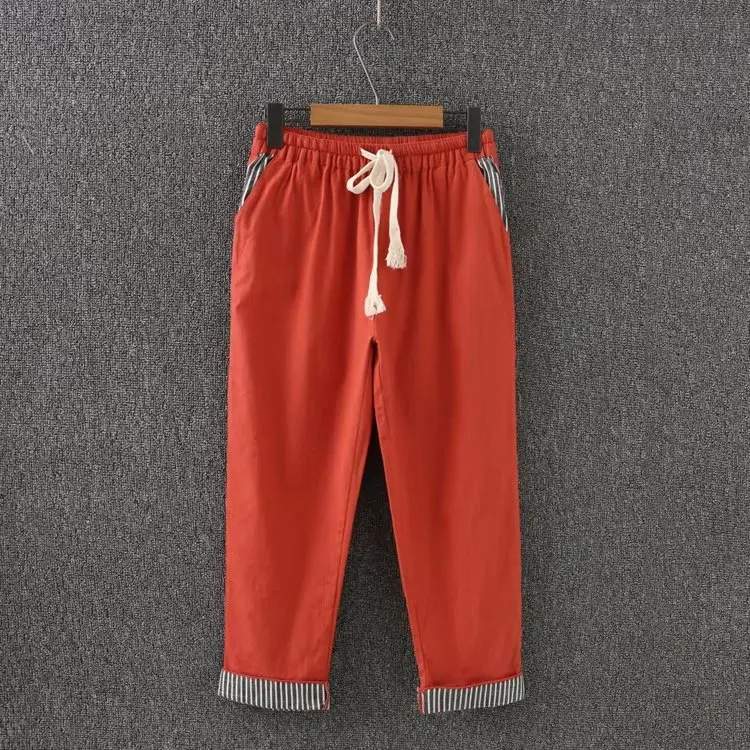 Тянущиеся узкие брюки для женщин длиной до середины икры свободного кроя размера плюс 3 4 XL повседневные хлопковые и льняные брюки KK3966 - Цвет: Оранжевый