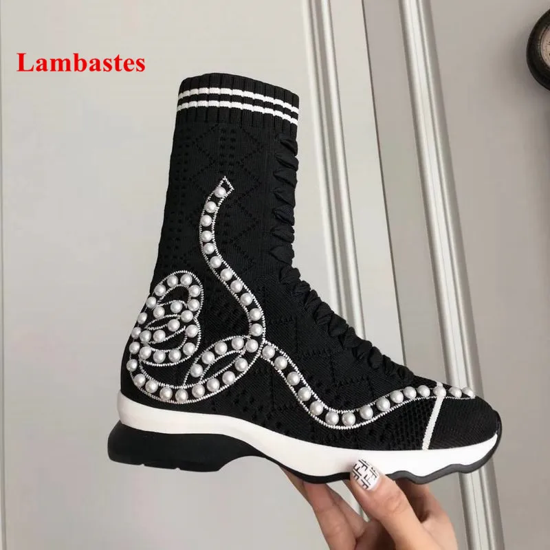 

Brand Design Boots Women 2018 Hot Pearl Stud Cross-tied Socks Winter Ankle Botas Slip On Knitted Warm Falts Chaussures Femmes