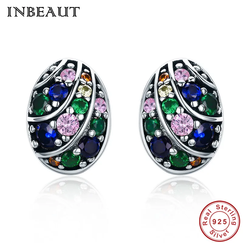 

INBEAUT 100% Real 925 Sterling Silver Round Round Dark Blue&Green Cubic Zirconia Easter Egg Earrings for Women Anniverary Gift