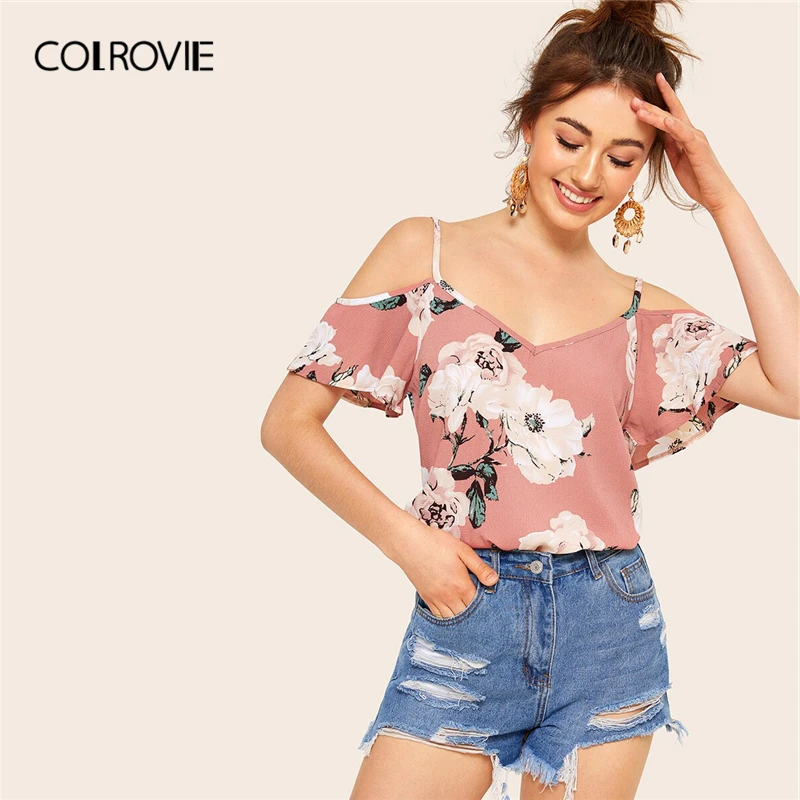 COLROVIE розовый большой цветочный принт с открытыми плечами Boho блузка на бретельках женская рубашка летняя корейская мода для отдыха женские блузки