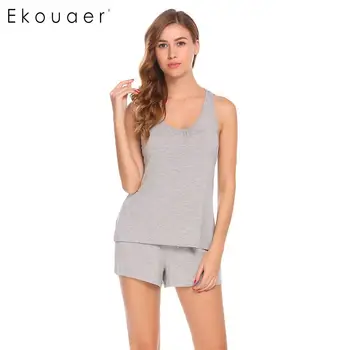 

Ekouaer Women Sexy Lingerie Pajama Set Soft Solid Racerback Tank Top Shorts Pajamas Suit Sleepwear Female Home Clothing