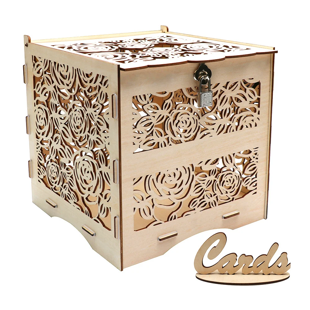 

OHEART Rose Flower Wedding Card Box With Lock Square DIY Rustic Money Box Wooden Greeting Card Box Evening Party Anniversaries