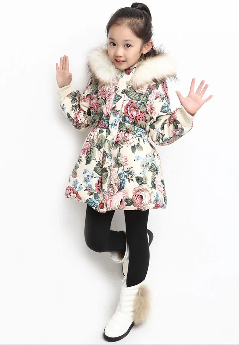 Зимние куртки для девочек, Модная парка с цветочным принтом для девочек, пальто теплая детская верхняя одежда с хлопковой подкладкой и капюшоном для детей 4, 8, 10, 12, 14 лет