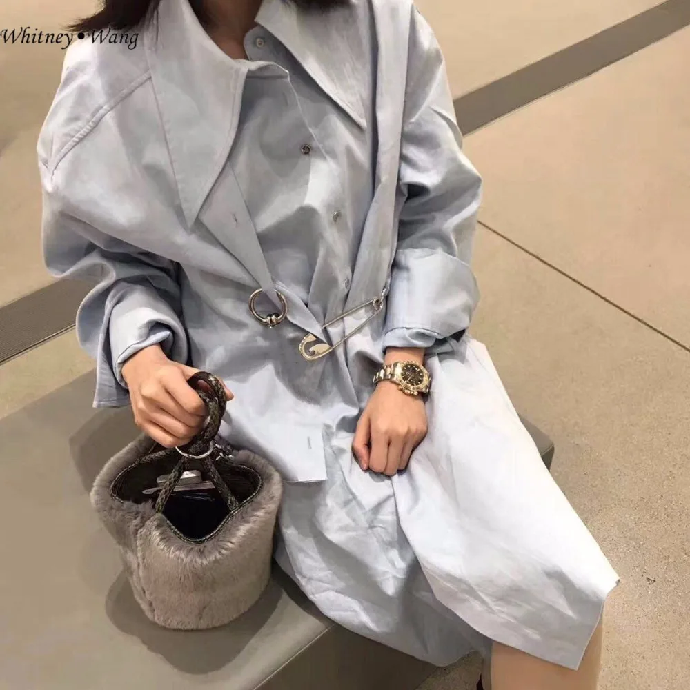 Уитни Ван 2018 Весенняя мода уличная BF Стиль Большой булавки Oversize Платье рубашка