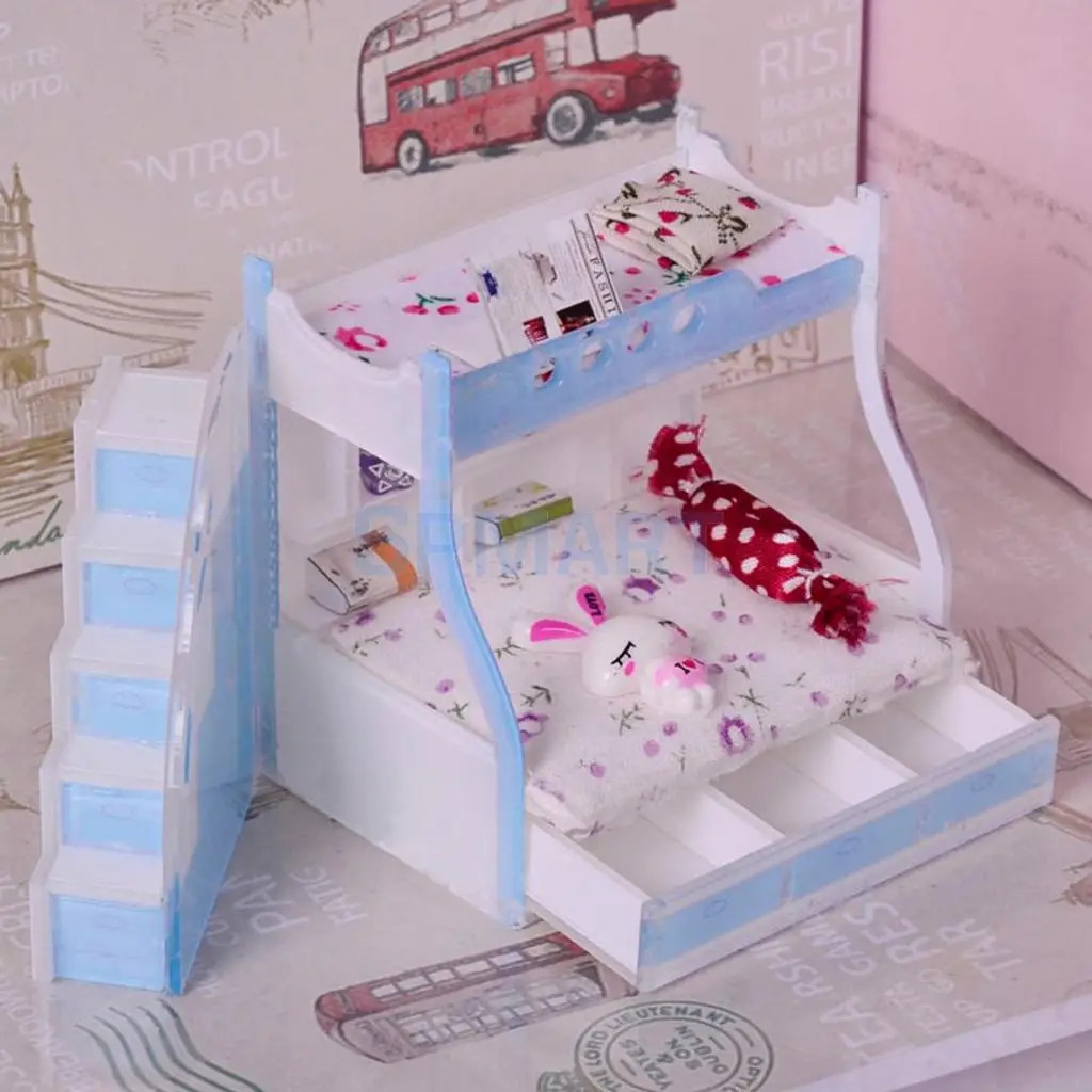 1/12 Dollhouse Miniature Children Bedroom Furniture Bunk Bed Double Bunk with Accessories Sky Blue Color