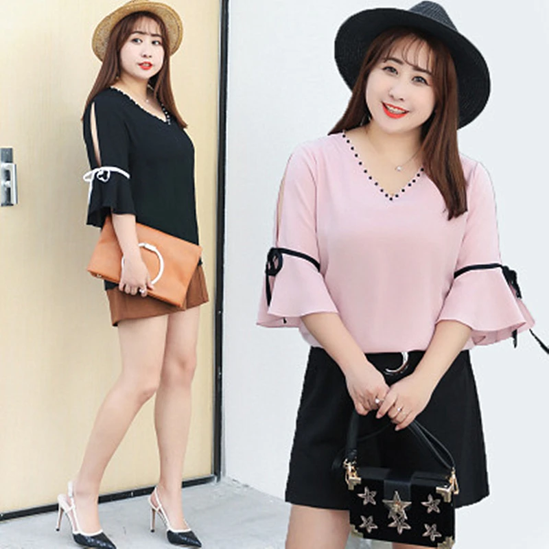 

2019 Summer New Style Plus Fertilizer XL Sweet Chiffon Shirt Trumpet Sleeves Slim Breathable Woven Women's Shirt